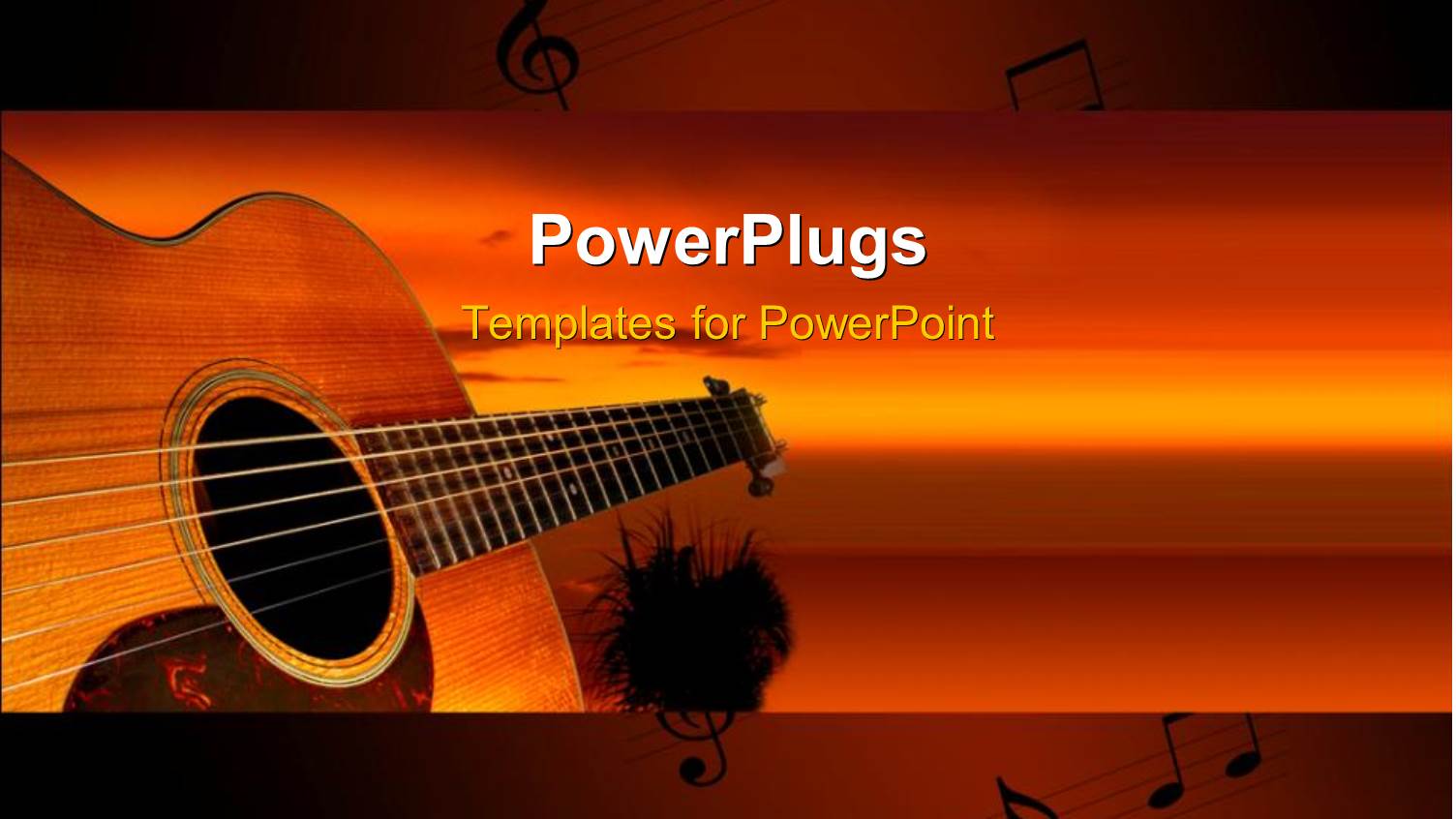 Guitar at Sunset with Tropical Tree in the Background, Musical Notes on Music Sheets, Orange and Red Background