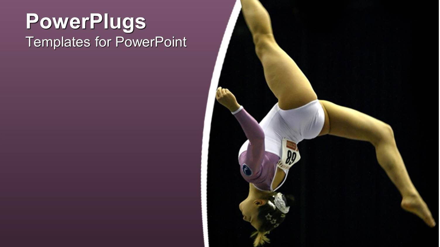 Gymnast Woman, Athlete Making a Somersault on Purple and Black Background