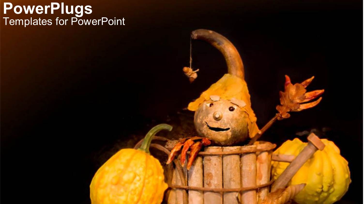 Halloween Figure in Wooden Basket Next to Old Pumpkins