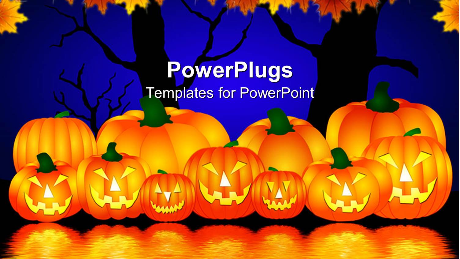 Halloween Theme with Pumpkins Reflecting in Water and Trees with Rusty Leaves