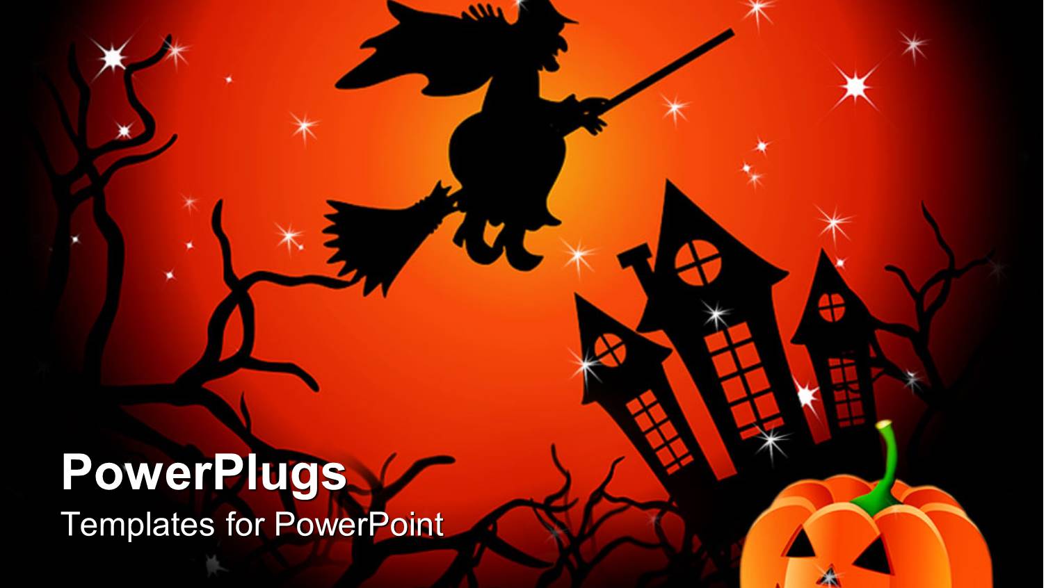 Halloween Witch Flying Over Haunted House Jack O Lantern in Corner