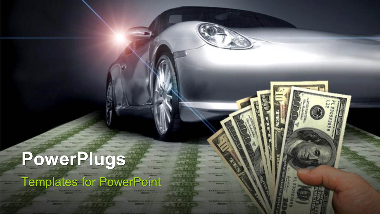 Hand Carrying American Dollar in Foreground and Sports Car on a Euro Banknotes Floor