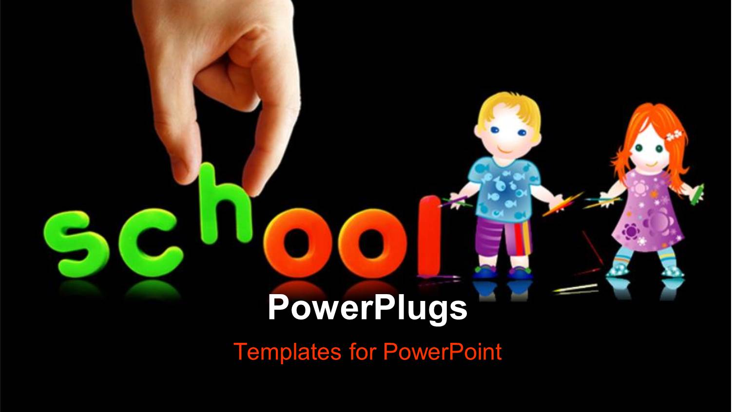 Hand Completing Colorful Word SCHOOL with Two Kids Holding Pencils