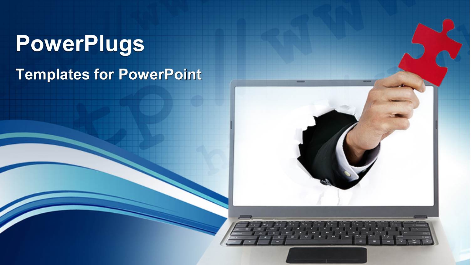 Hand Emerging from Laptop Screen Holds Up Red Puzzle Piece