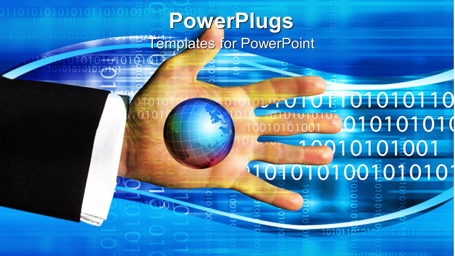 Hand with Globe on Blue Background with Binary Numbers