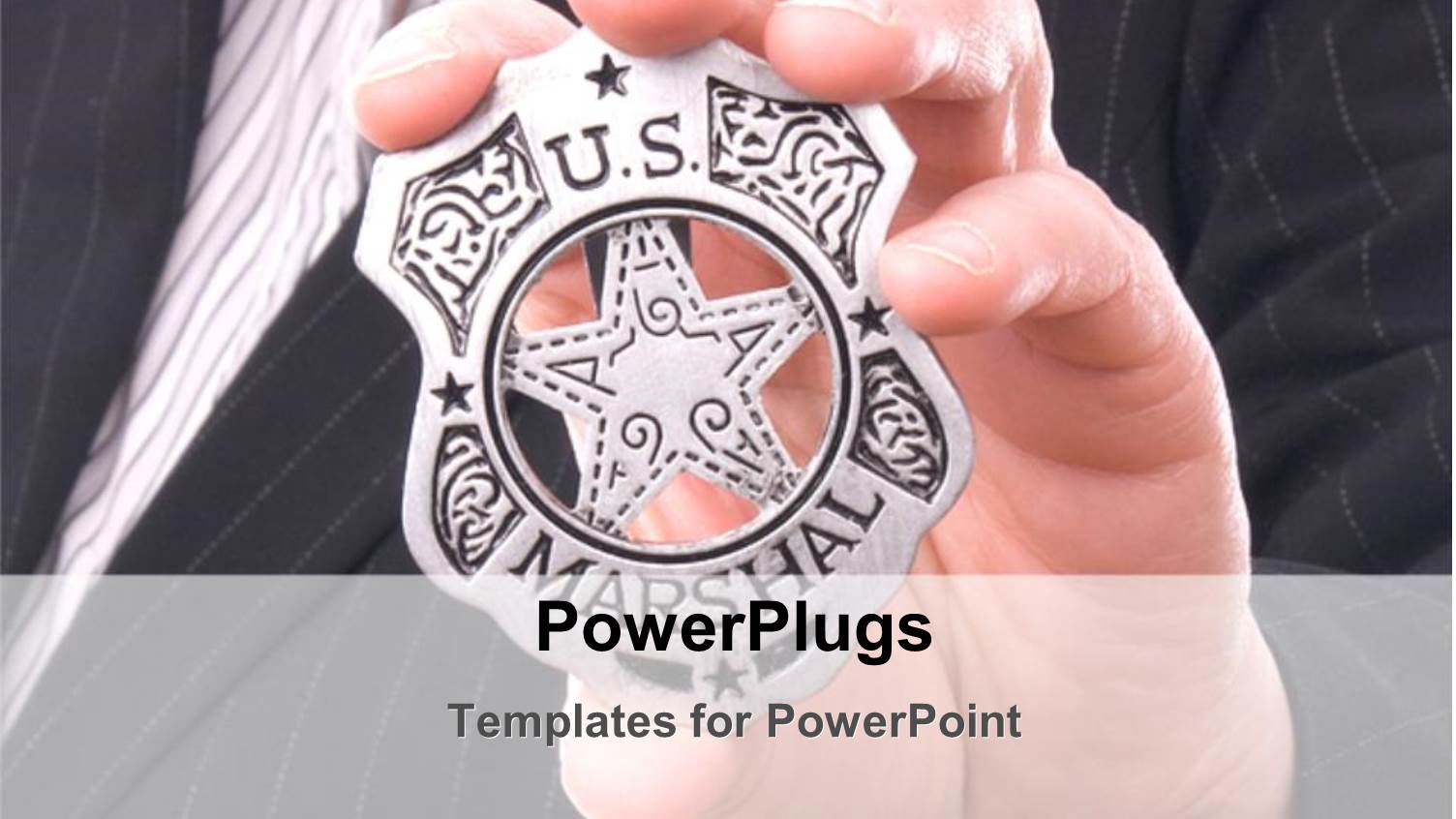 Hand Gripping us Marshall Badge, Business Suit Background