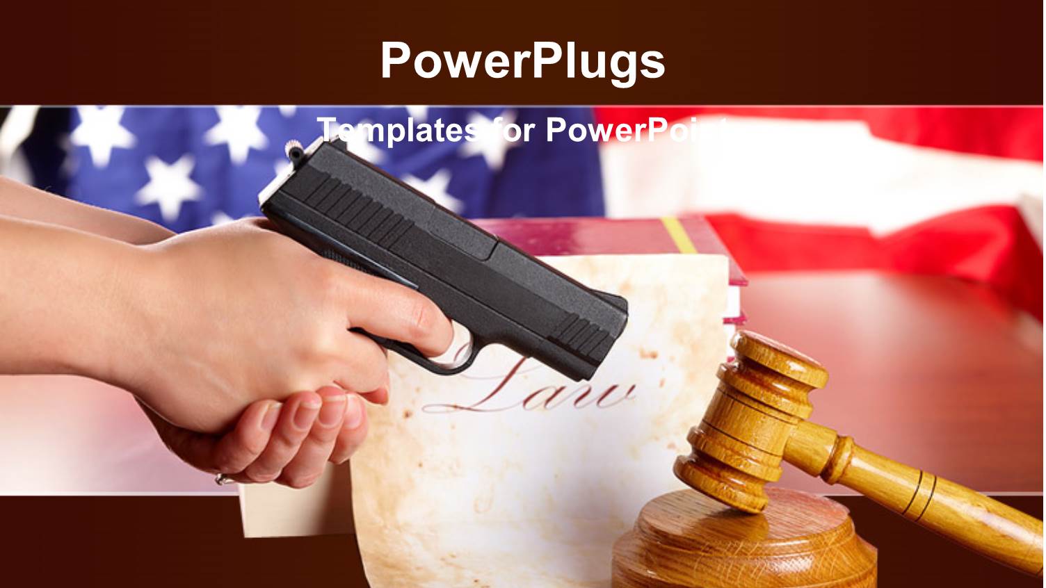 Hand with Gun Aiming at Judges Wooden Gavel with Gun and very Old Paper with us Flag in the Background