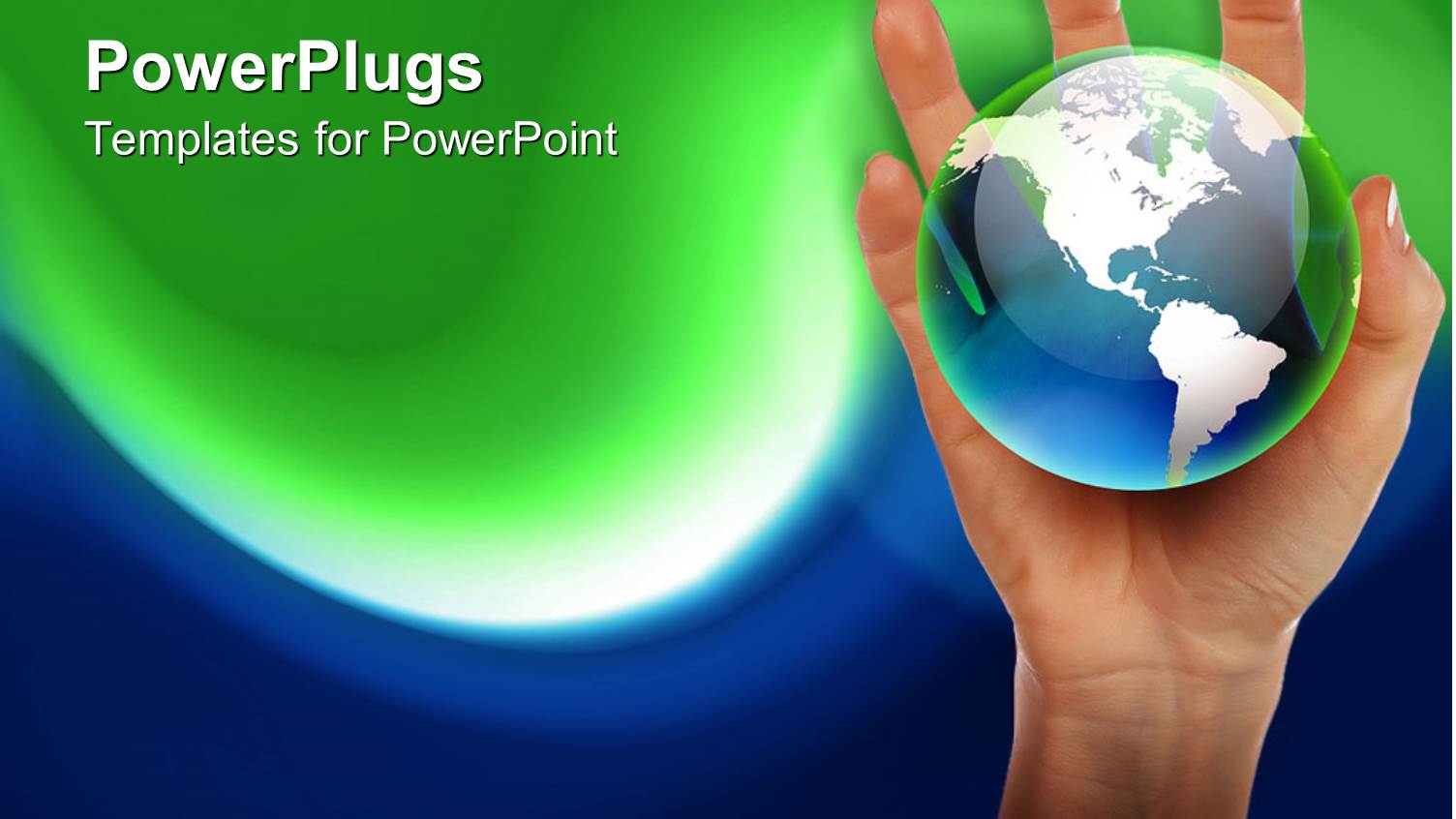 Hand Holding Abstract Depiction of Globe on Waving Blurred Green and Blue Background