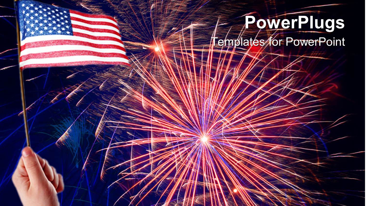 Hand Holding American Flag with Independence Day Fireworks