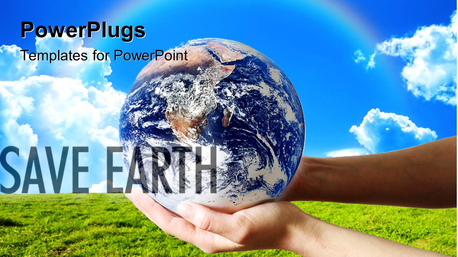 Hand Holding a Globe Saving Environment Recycle with Beautiful Sky and Rainbow in Background