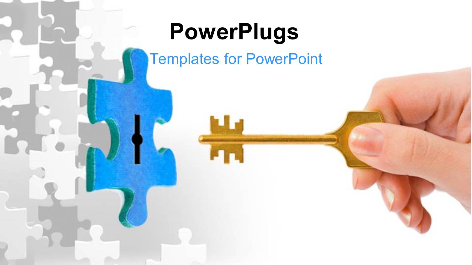 Hand Holding Gold Key with Key Hole in Blue Puzzle Piece  