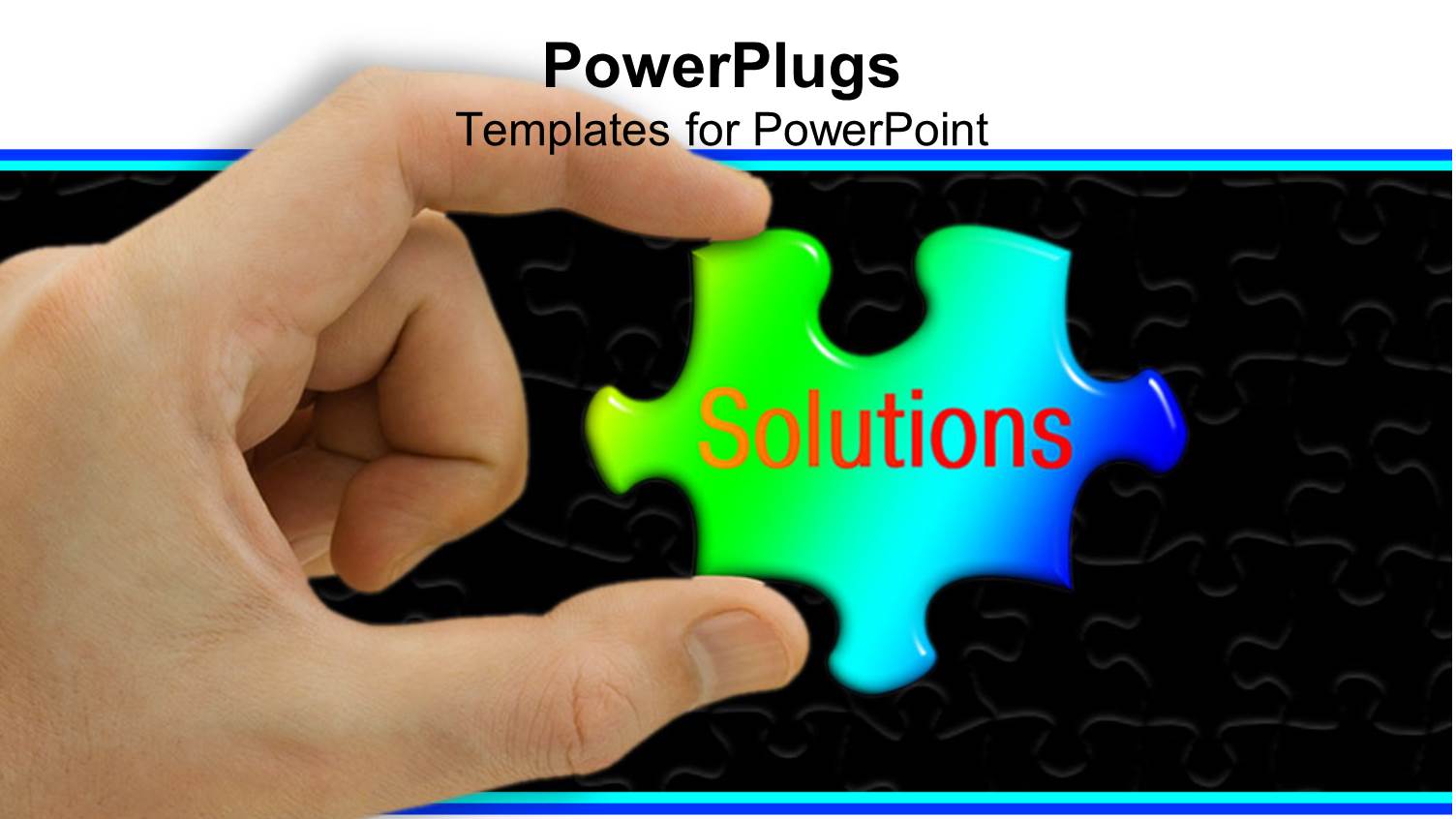 Hand Holding Green and Blue Jigsaw Puzzle Piece with the Word Solutions