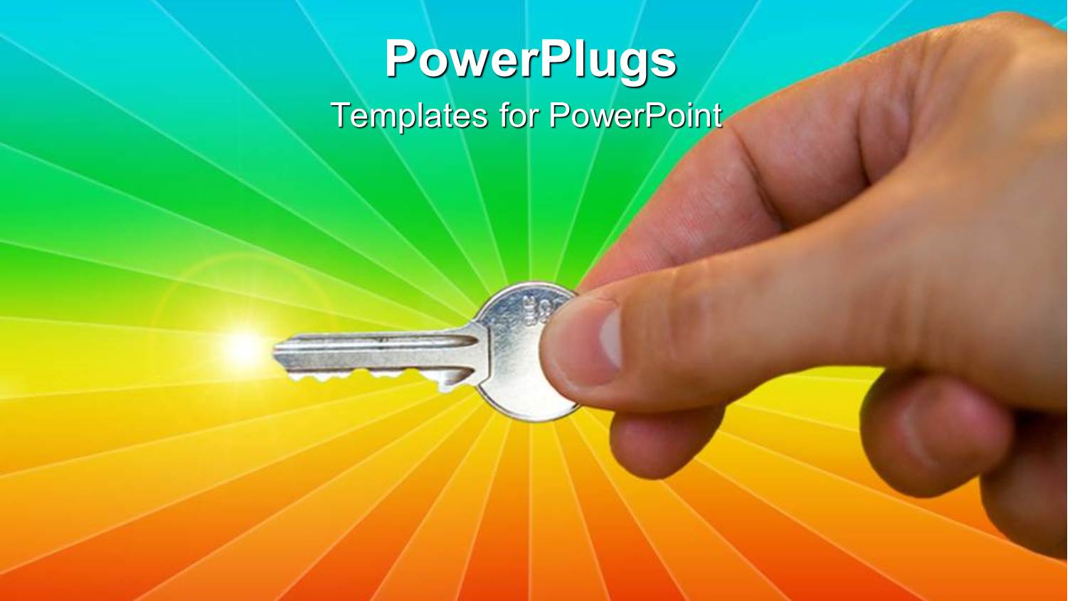 Hand Holding Key with Shining Point at its End on Rainbow Background with Rays