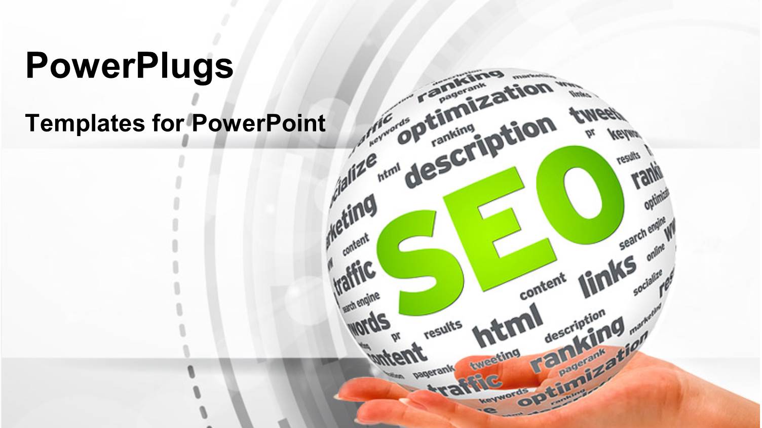 Hand Holding a SEO 3D Sphere Sign with Various Keywords on White Background