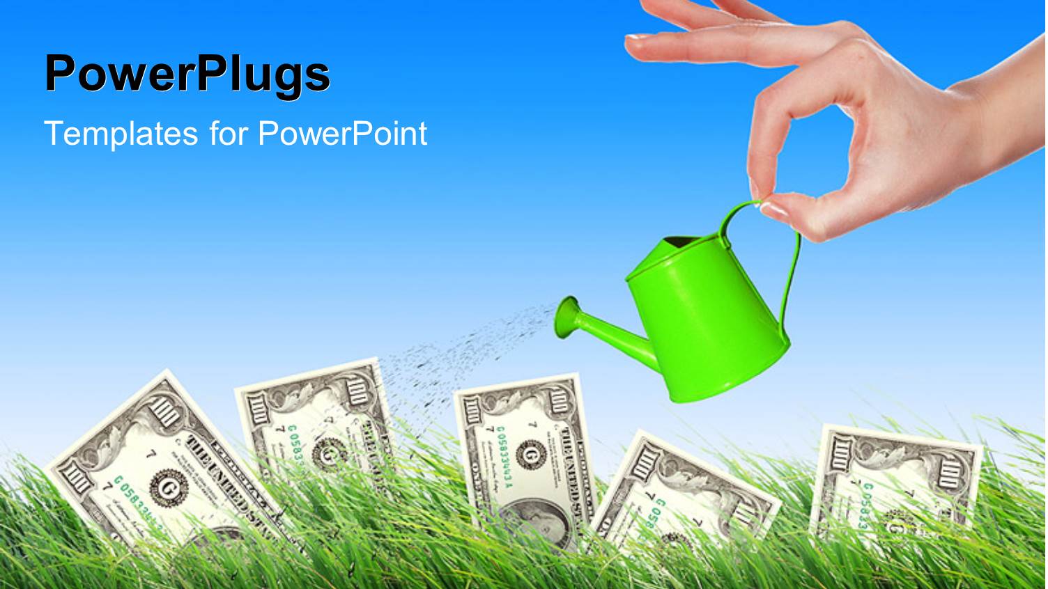 Hand Holding small Green Watering can Over Hundred Dollar Bills in Grass