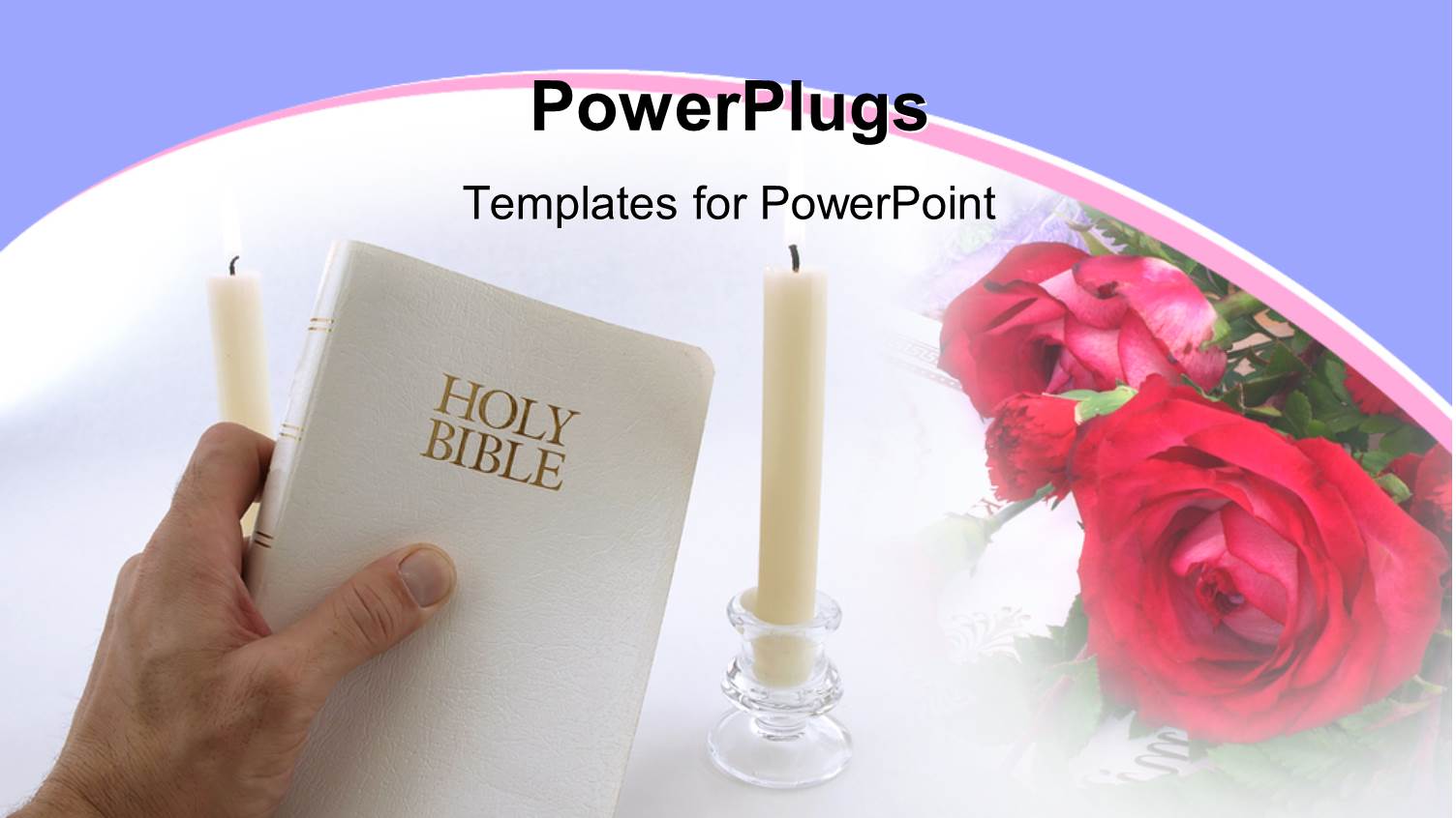 Hand Holds Holy Bible Between Two Burning Candles with Rose in Background