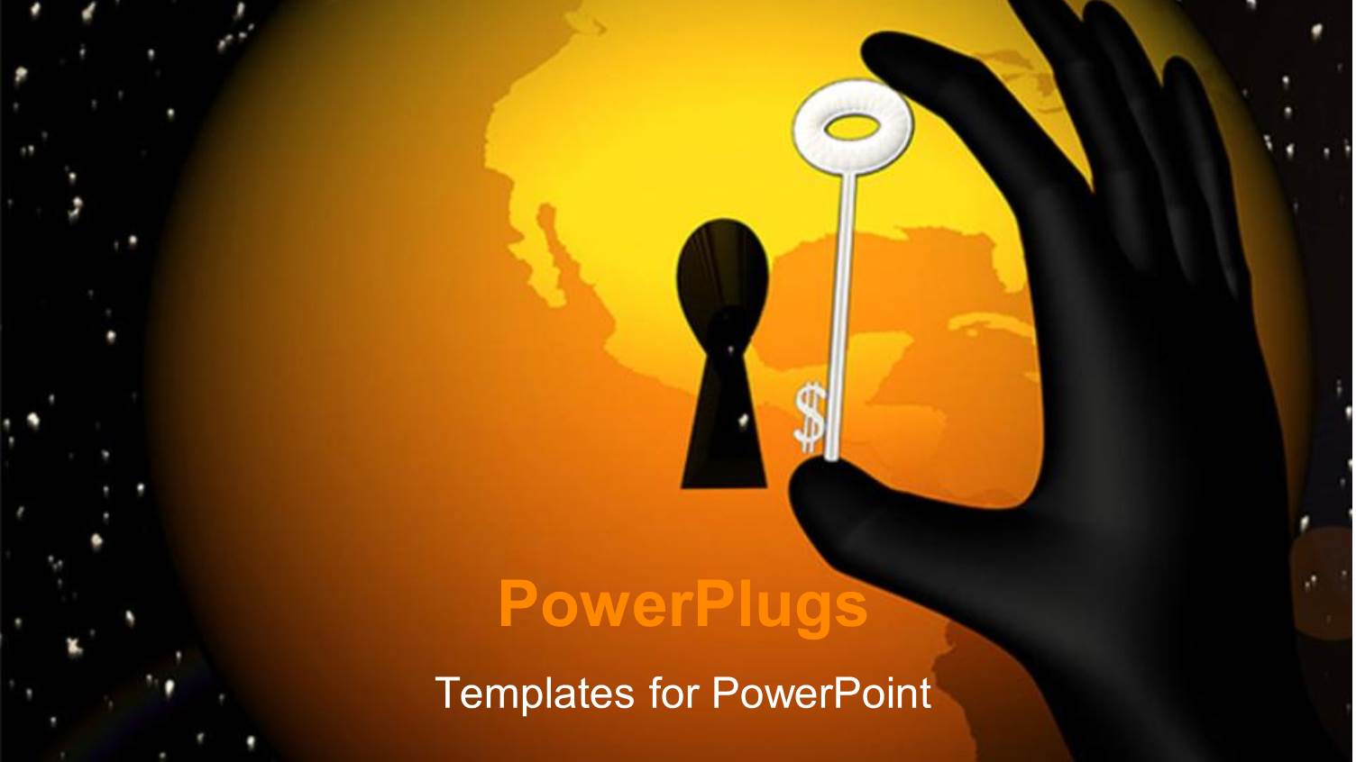 Hand Holds Key Over Keyhole with World Map in Background