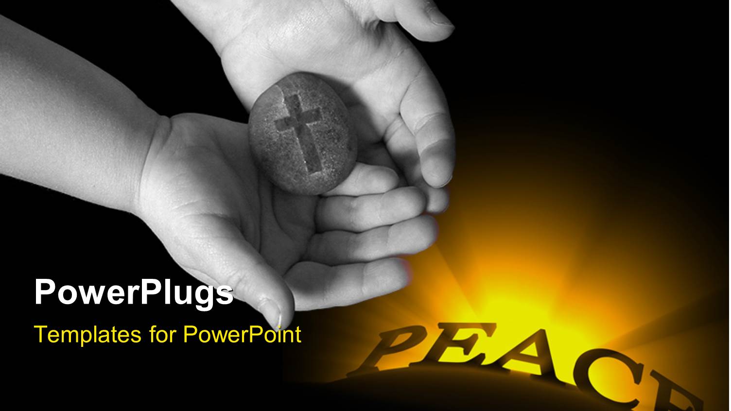 Hand of little Child Holding Rock with Cross Engraved and Word PEACE