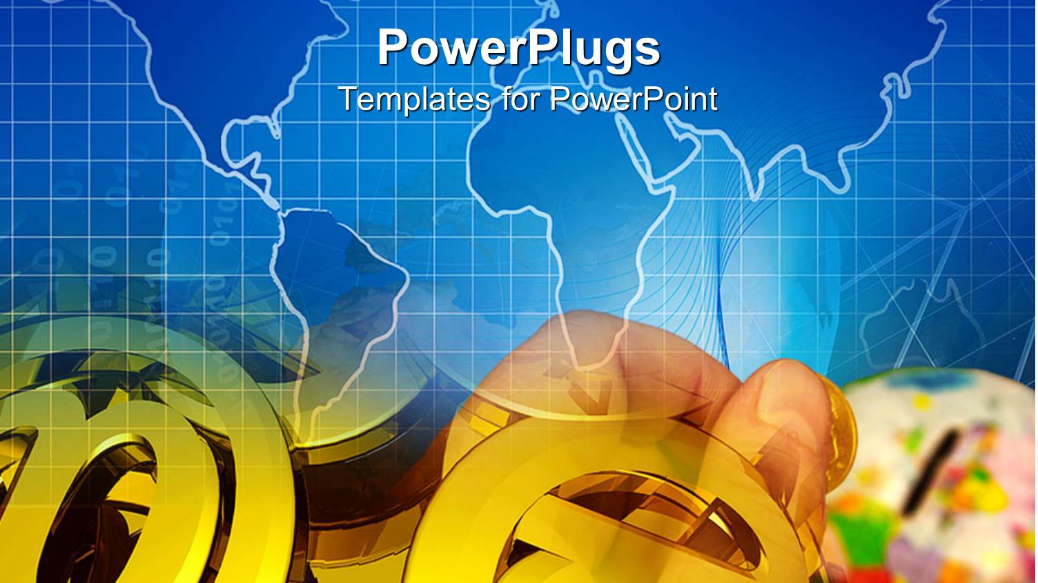 a Hand and Lots of Gold Colored @ Symbols on a Blue Map Background