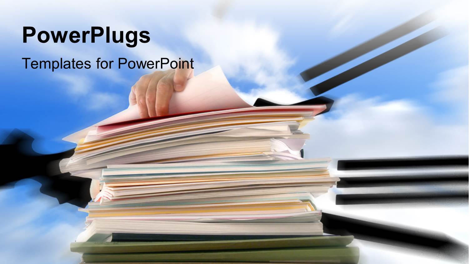 Hand on Pile of Office Documents Over Blue Cloudy Sky