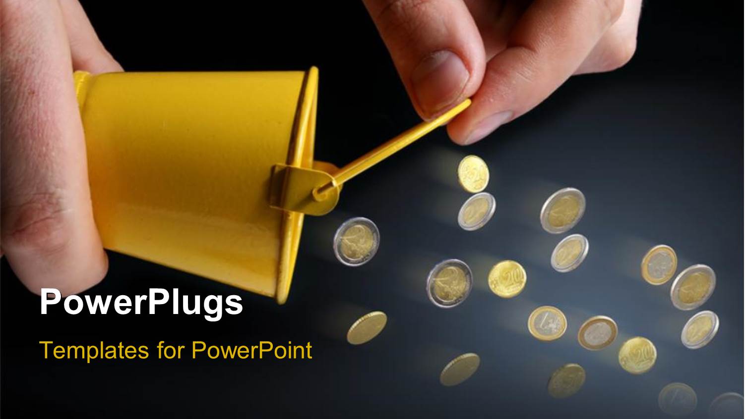 Hand Pouring Gold Coins Out of Yellow Bucket on Grey Background 