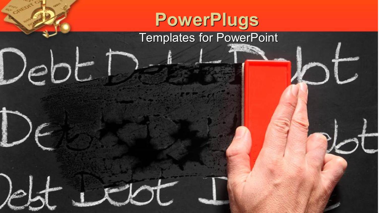 Hand Wiping Debt from Black Chalkboard, Golden Figure Under Credit Cards and Dollar Sign