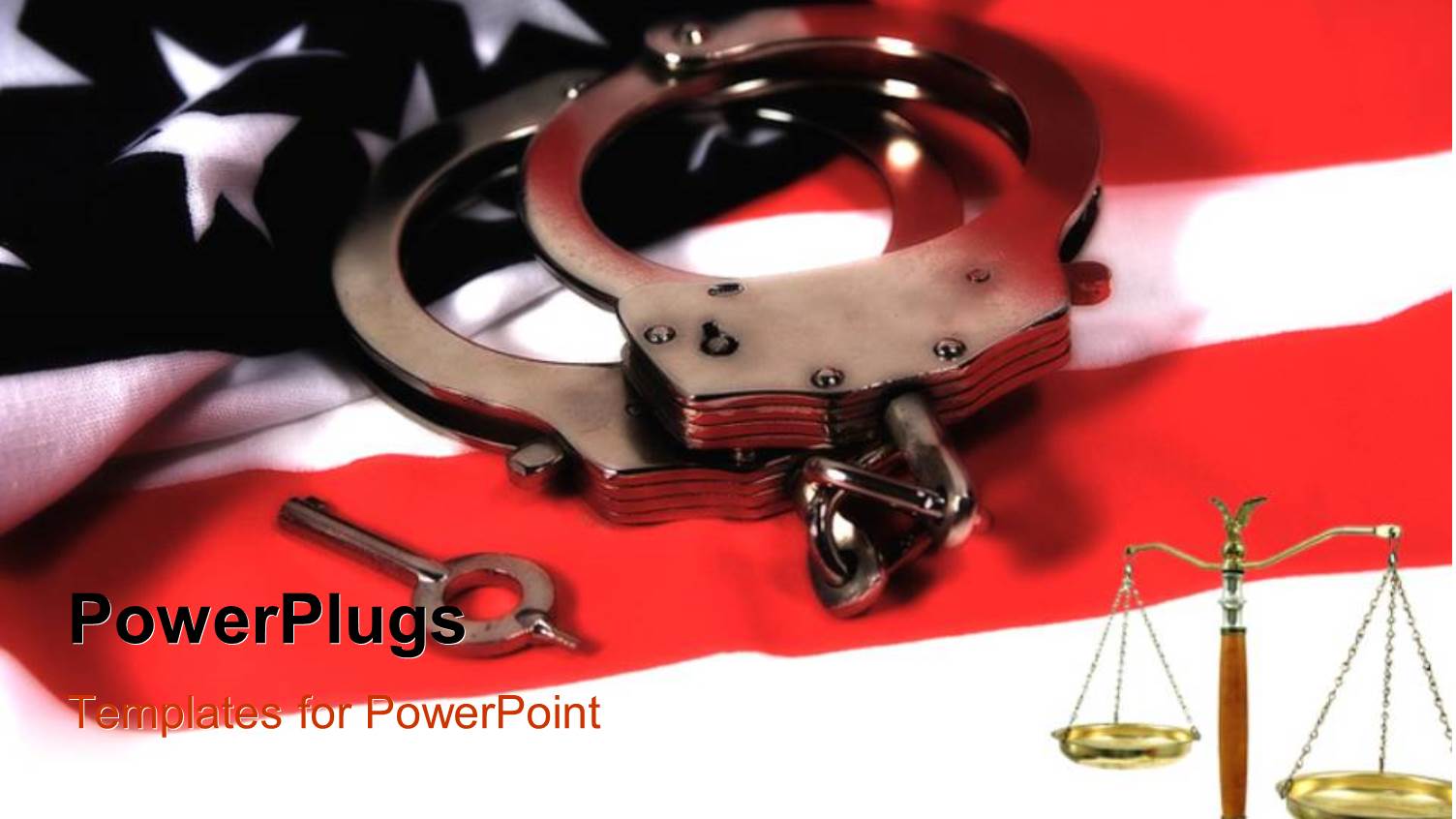 Handcuffs and Key on American Flag with Law Weighing Scale 