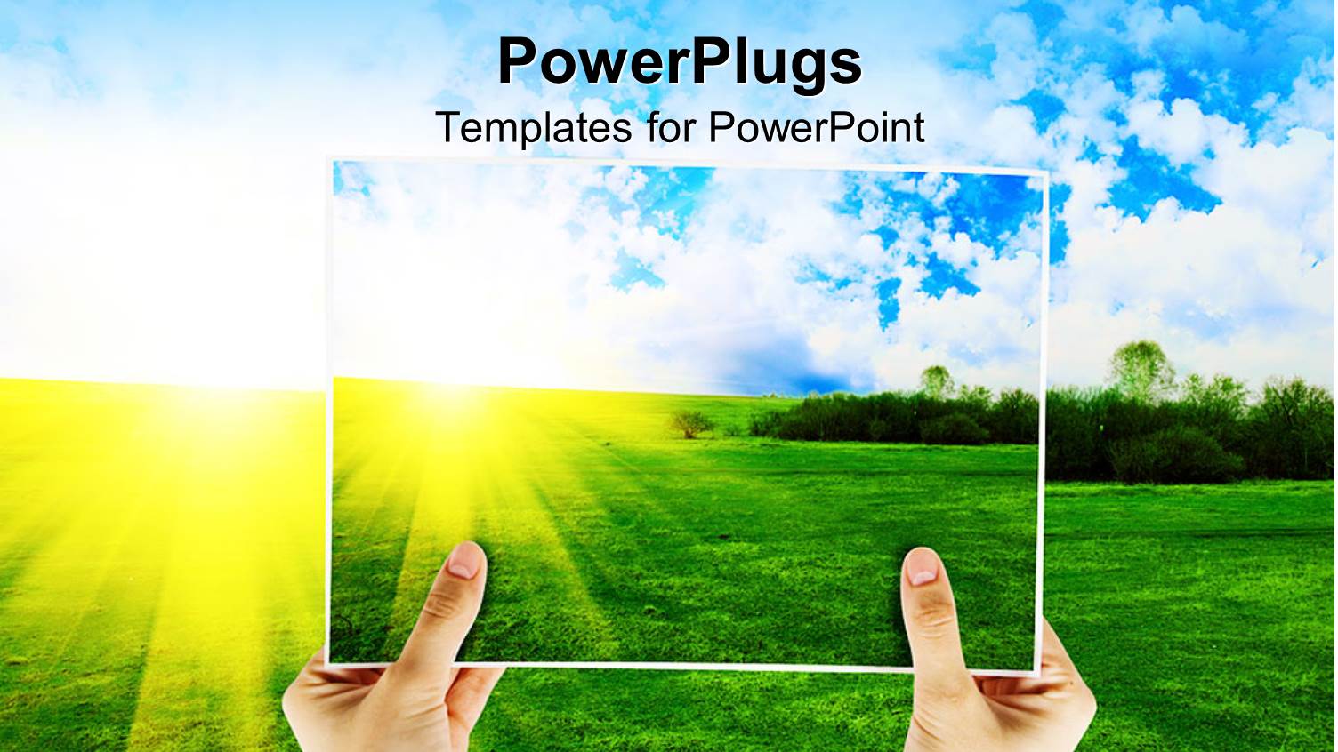 Hands Holding Picture, Green Grass, Sunshine, Blue Sky