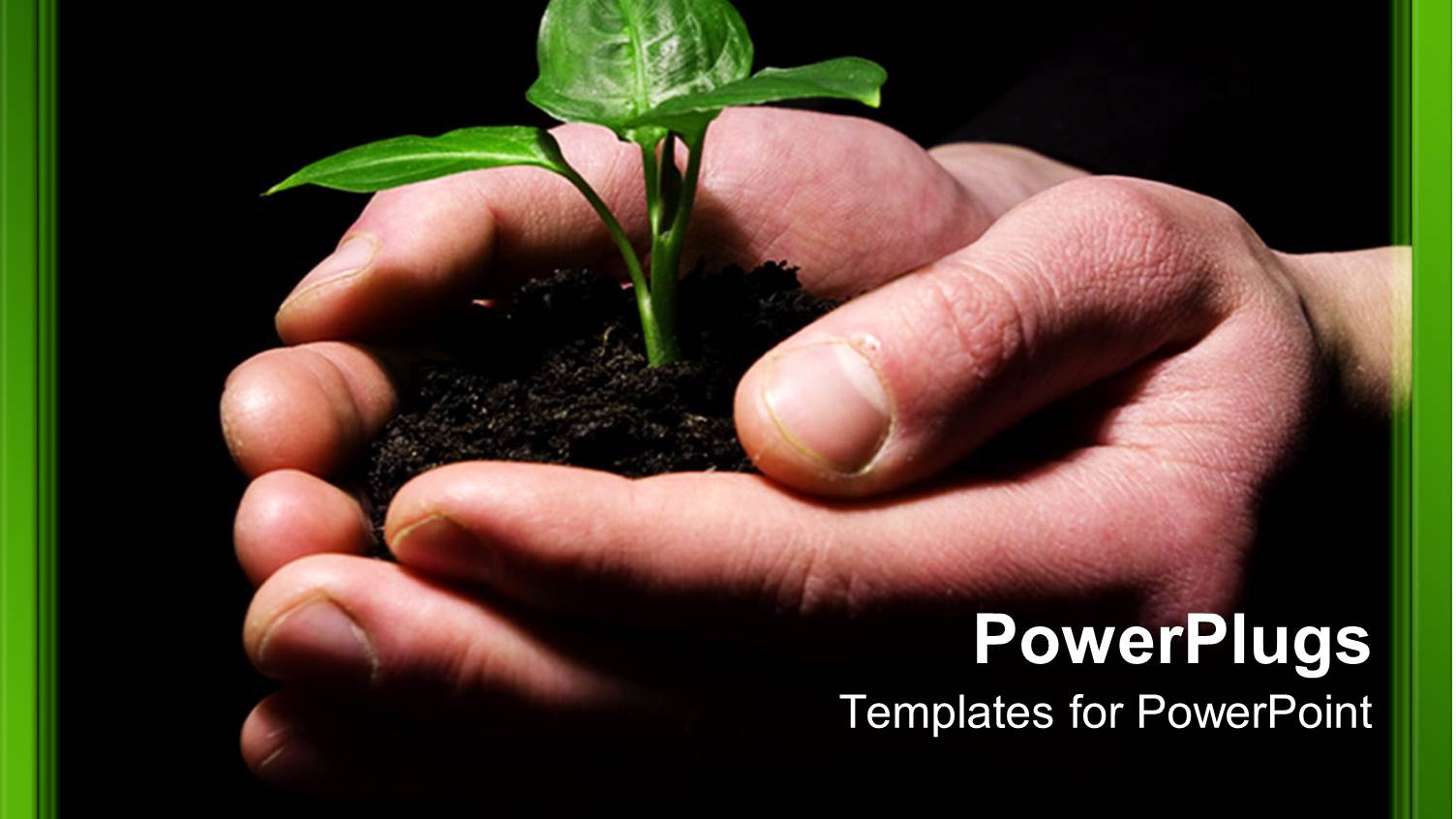 Hands Holding Sprouting Plant in Soil on Black Background