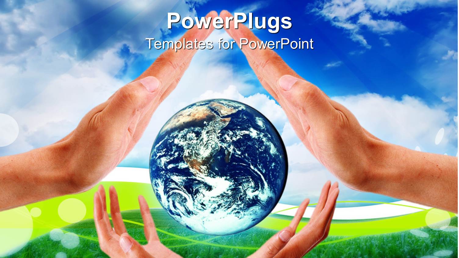 Hands of Man and Woman Protecting Planet Earth Globe on Green Field and Blue Sky Background