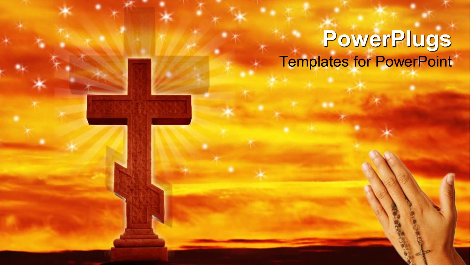 Hands Praying with Rosary Beads to Christian Cross with Sunset Star Background