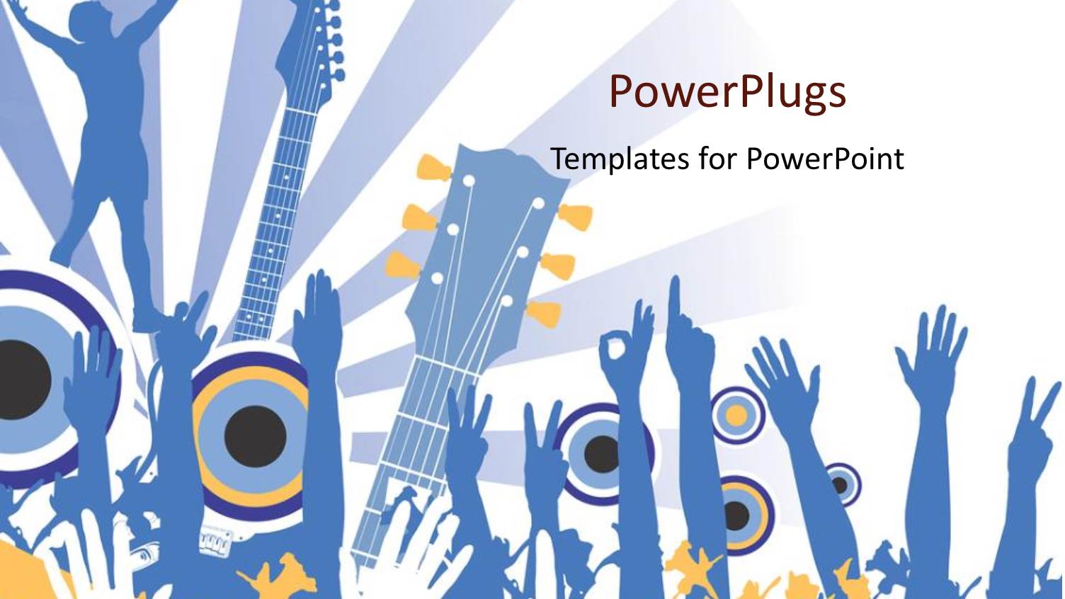 Hands Raised in the Air for Music Concert with Guitars and Light Rays on White Background