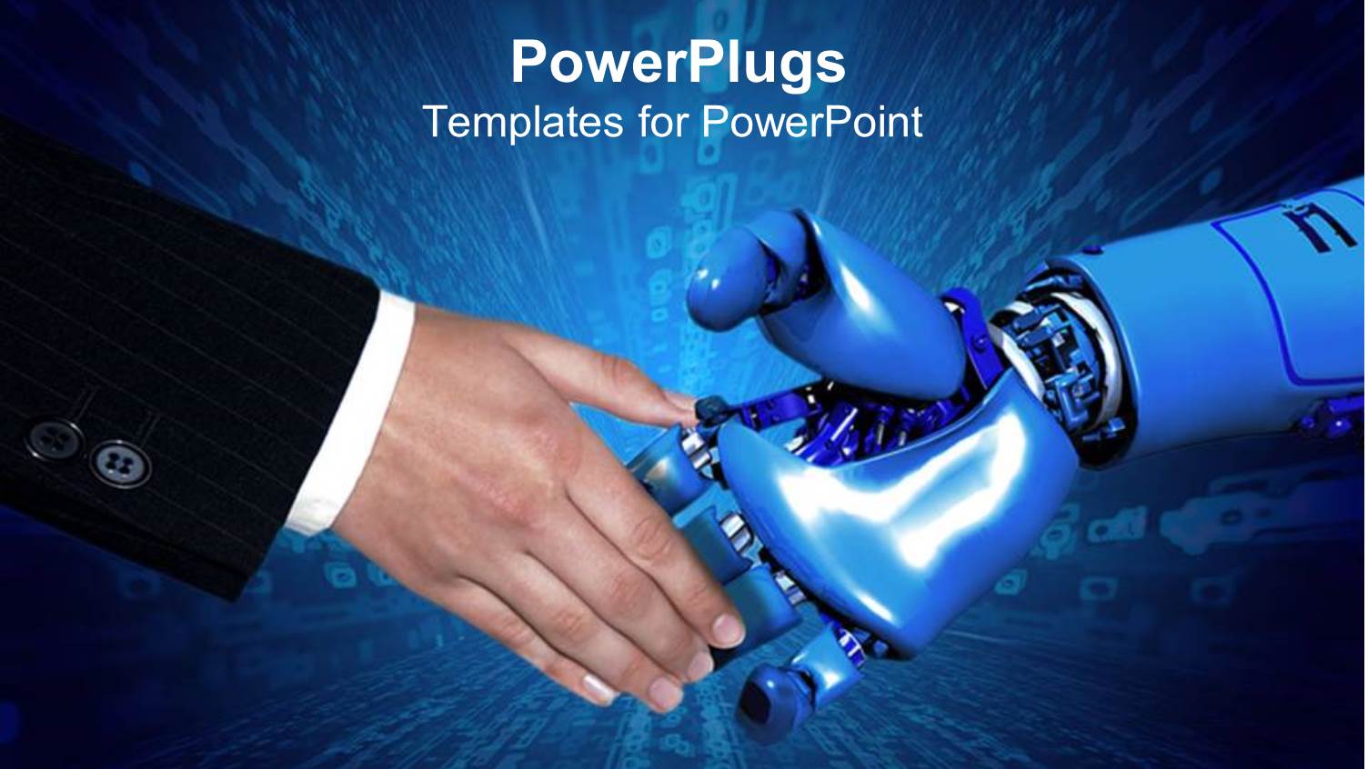 Handshake Between Business Man in Black Suit and Robotic Arm with Blue Background