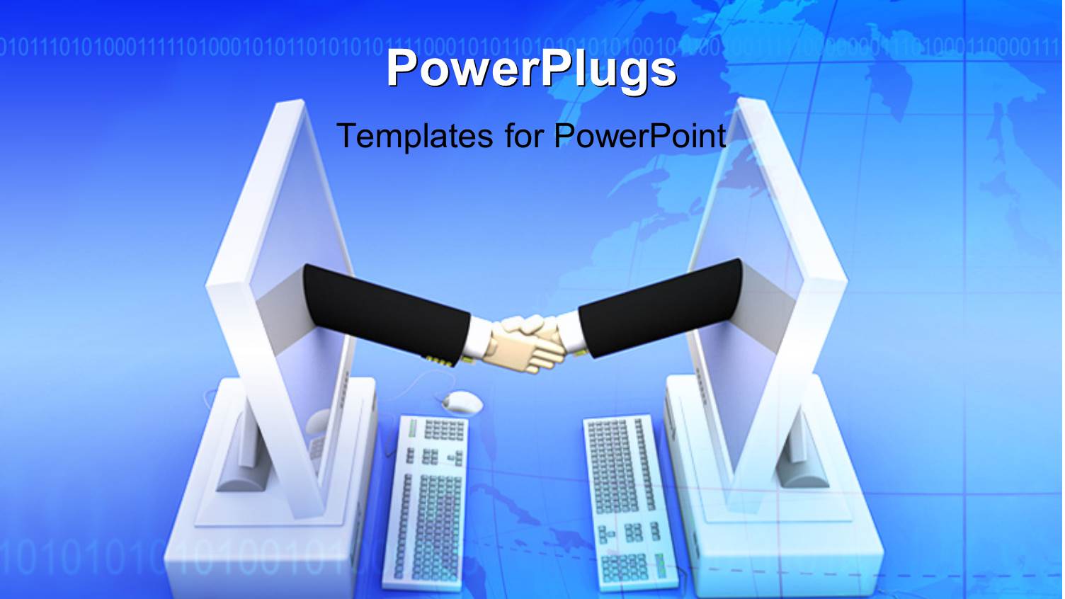 Handshake of Two Hands Emerging from Computer Screen with Globe in Background 