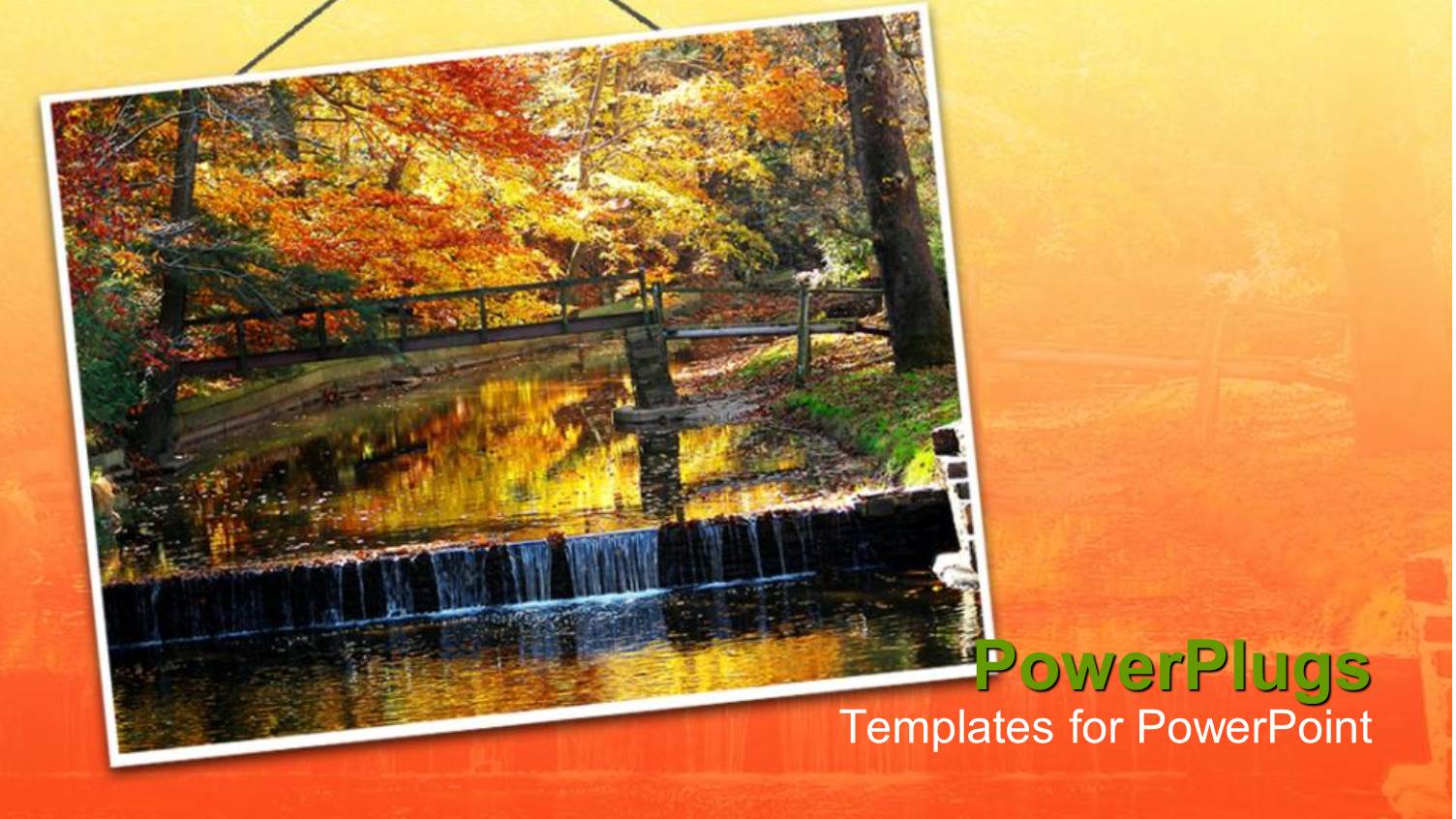 Hanging Sign with Bridge and Trees in Autumn