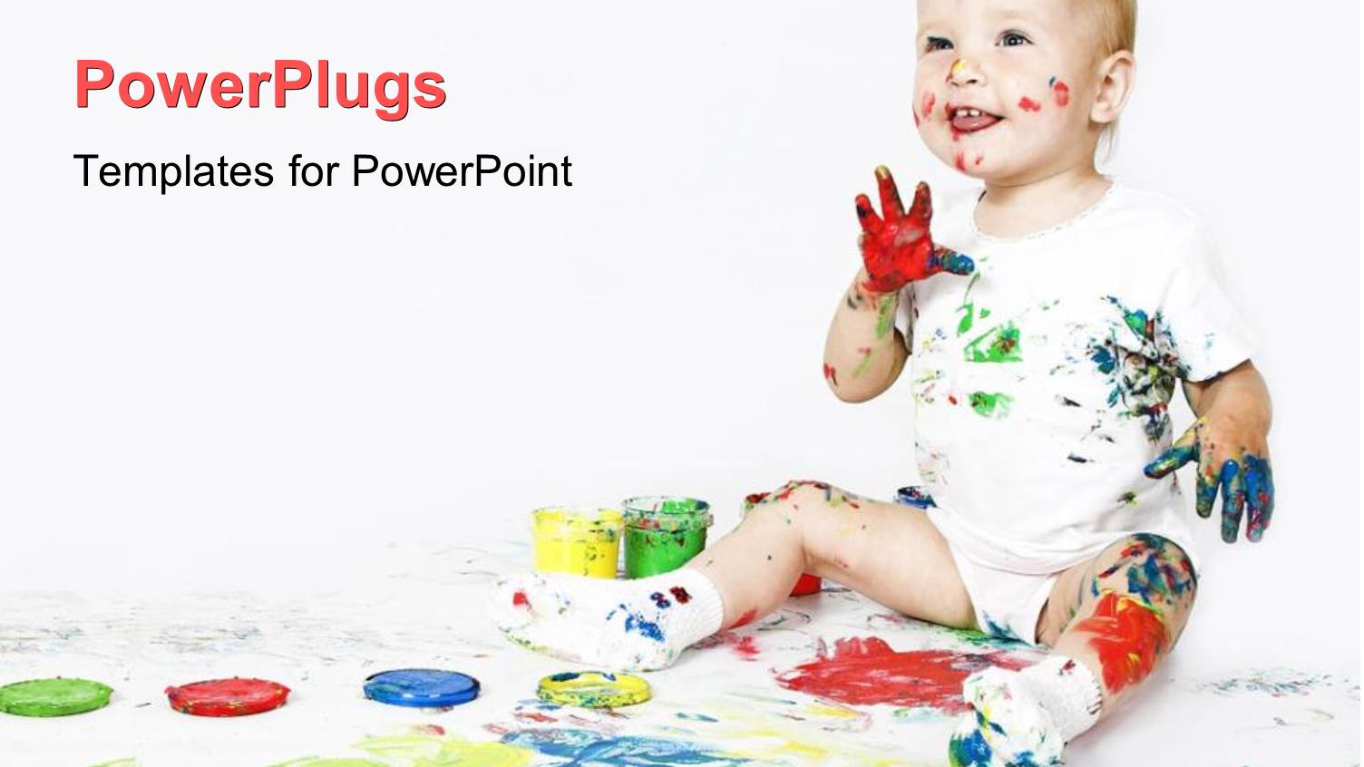 Happy Baby with Paint on Hands and Face and Body and Painting on White Floor
