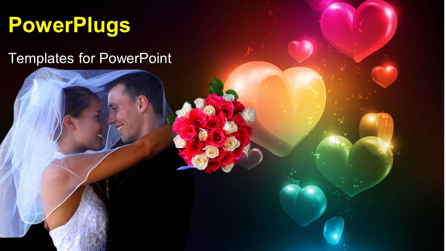 Happy Couple with Flower Bouquet Hugging with Glowing Colorful Heart Shapes