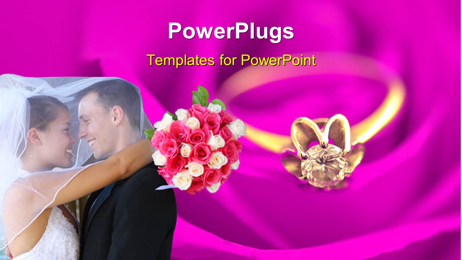 Happy Couple Hugging with Bride Holding Bouquet and Gold Ring