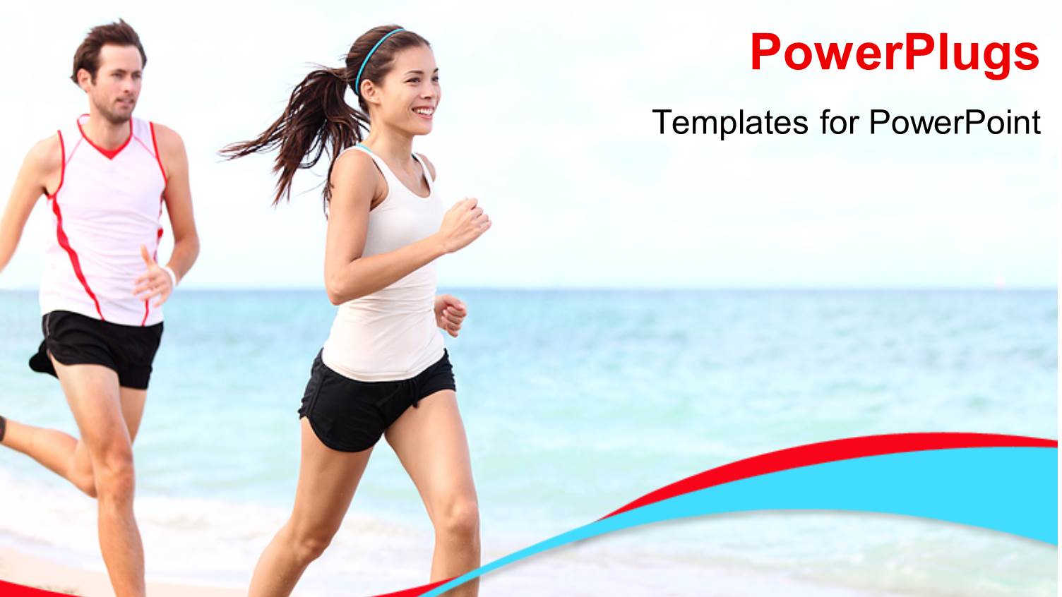 Happy Couple Jogging on Beach Sand with Ripples of Water on Ocean