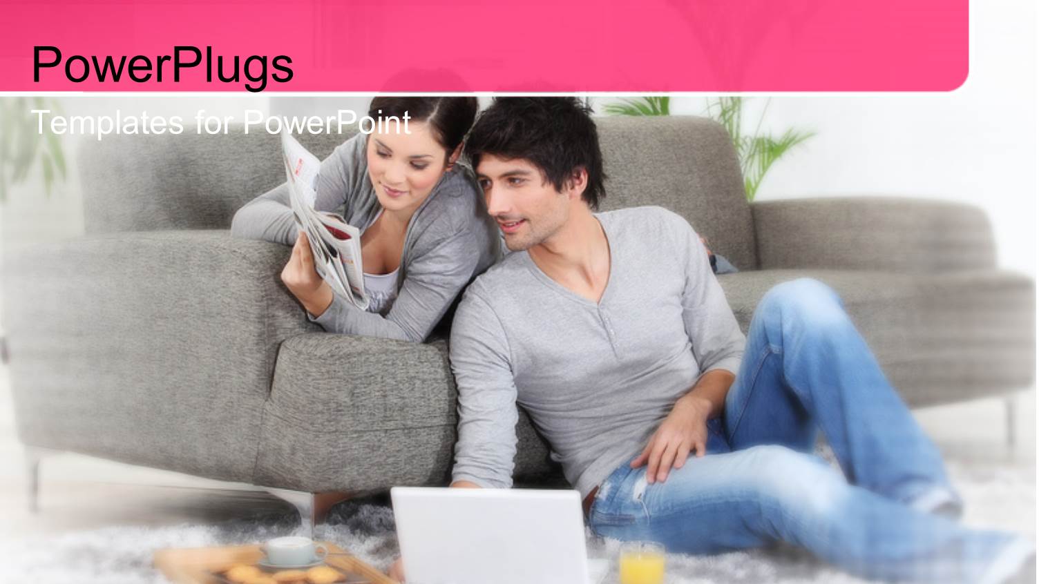 Happy Couple with Wife Reading Newspaper on Sofa and Husband with Laptop 