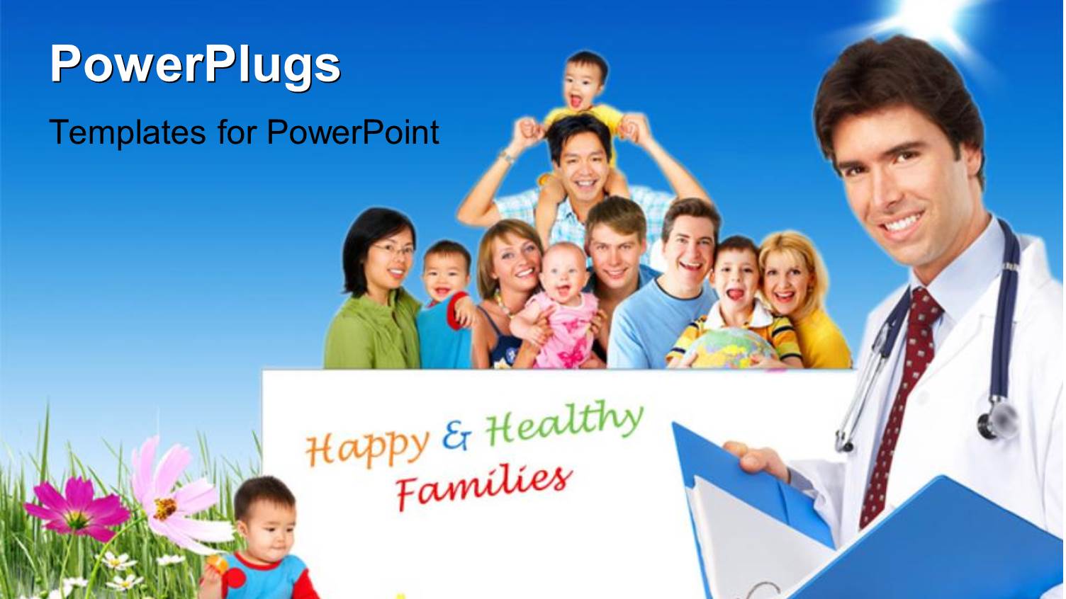 Happy Family on Flower Field with Medical Doctor Smiling 