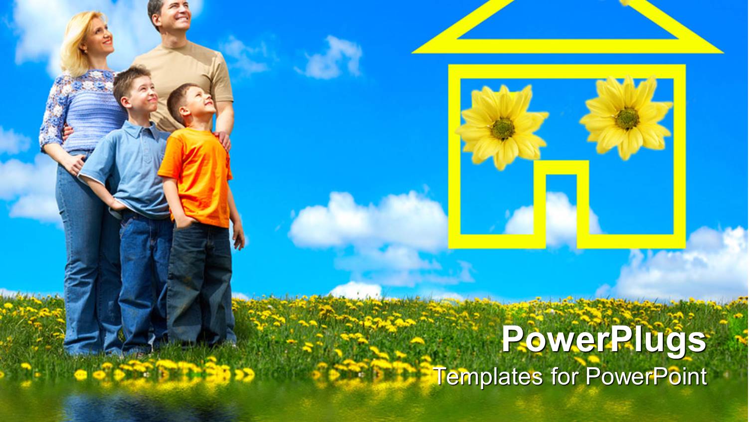 Happy Family of Four in Flower Garden Looking Up at Blue Sky