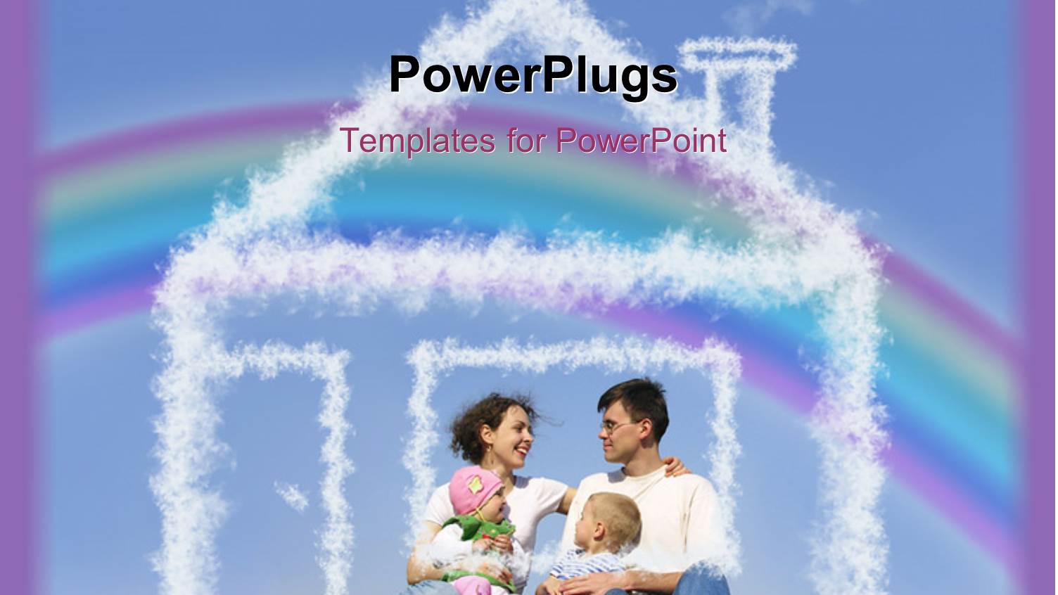 Happy Family in Park with Rainbow in Background and Snow Forming House