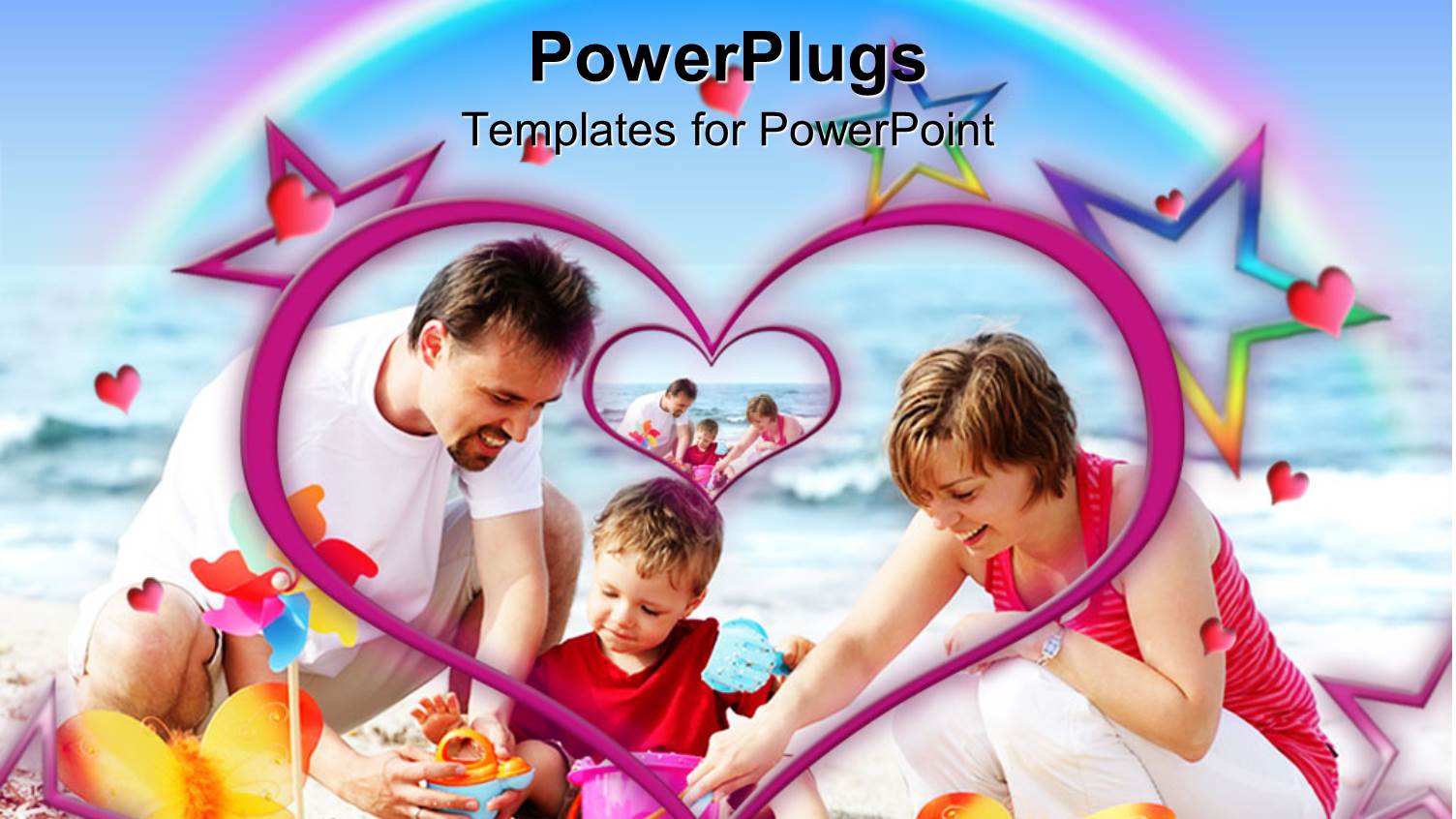 Happy Family Playing in Sand on Beach, Parents, Child, Mother, Father, Hearts, Rainbow, Stars