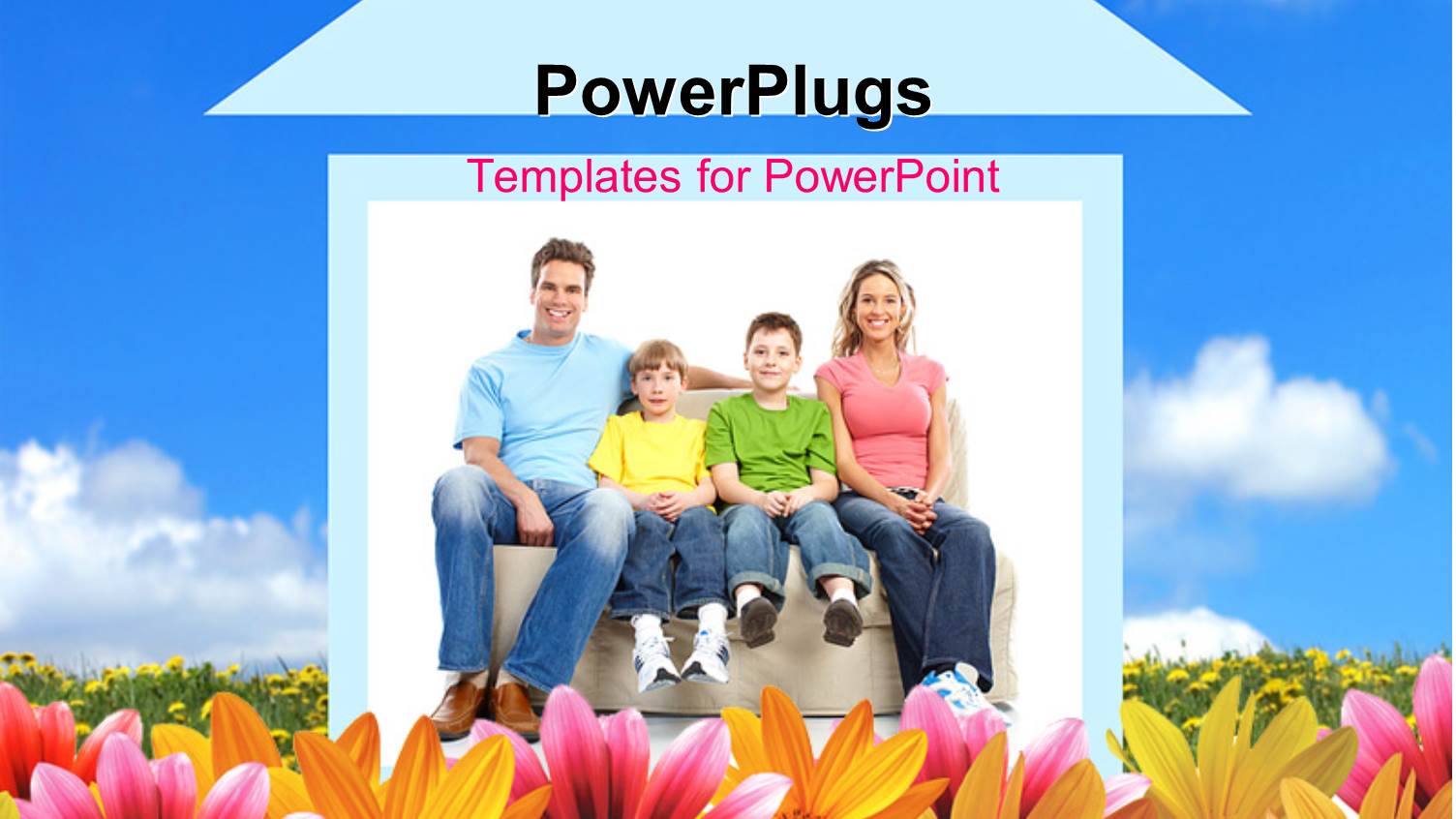 Happy Family Sitting by 2D House in Colorful Flower Field