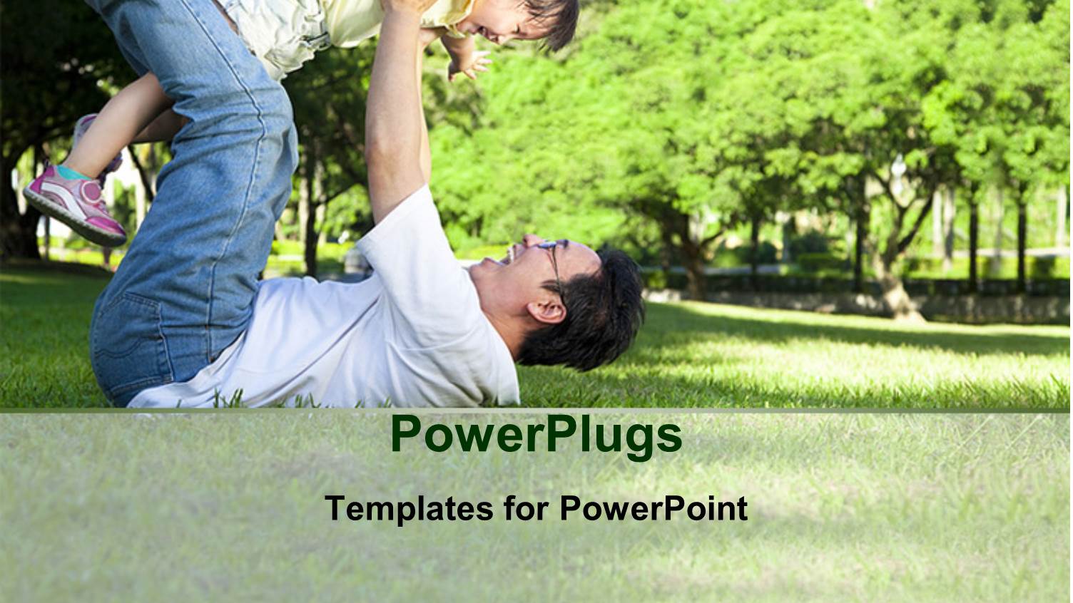 Happy Father and little Girl on the Grass with Trees