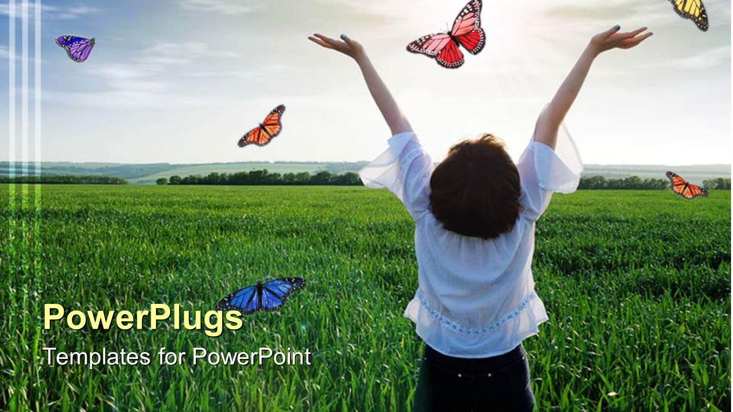 Happy Girl from Back with Hands Risen to Sky on Green Field with Colorful Butterflies Flying Around her