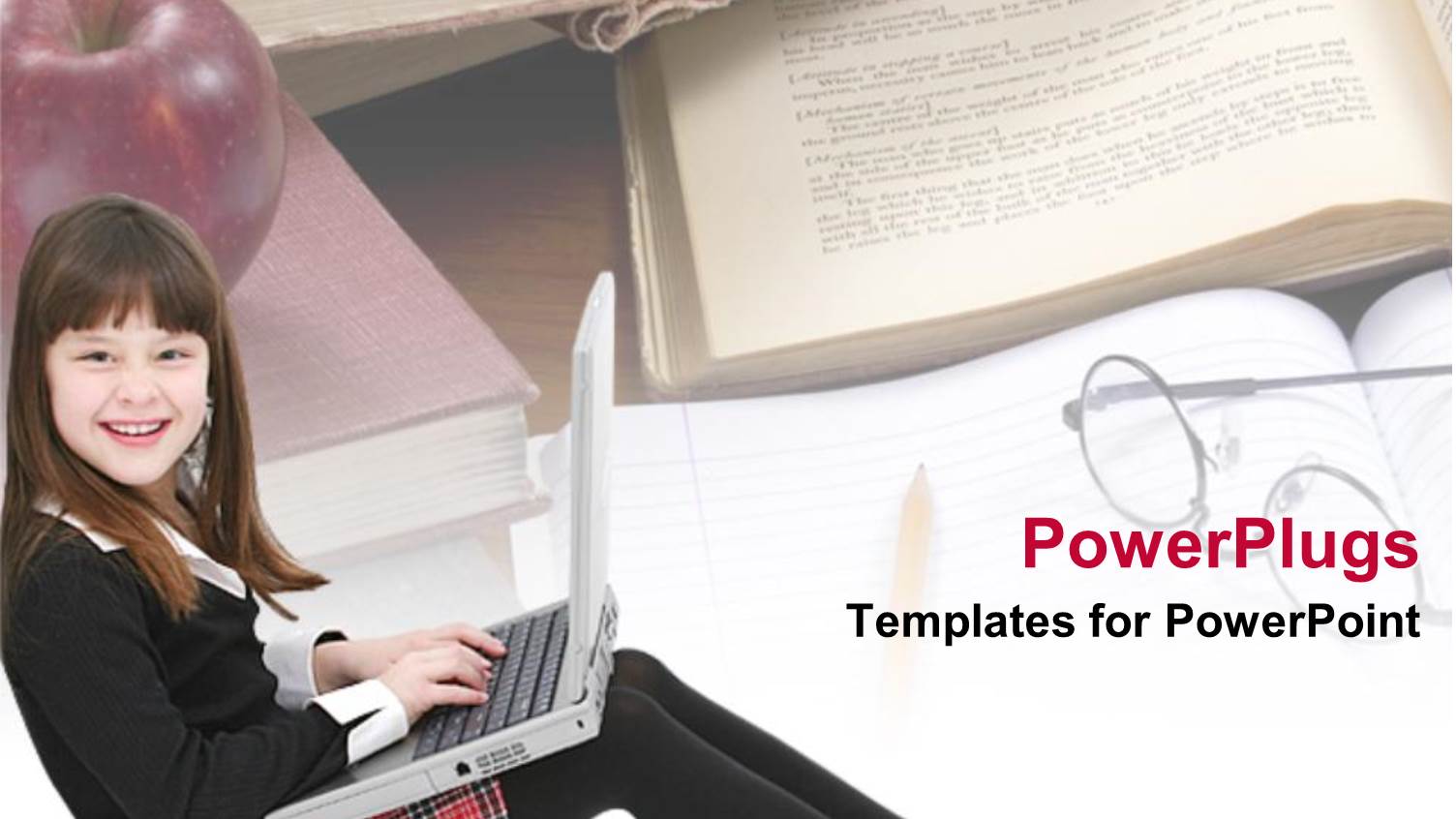 Happy Girl Child Student Using Laptop with Books, Apple and Glasses, Education, Learning, School