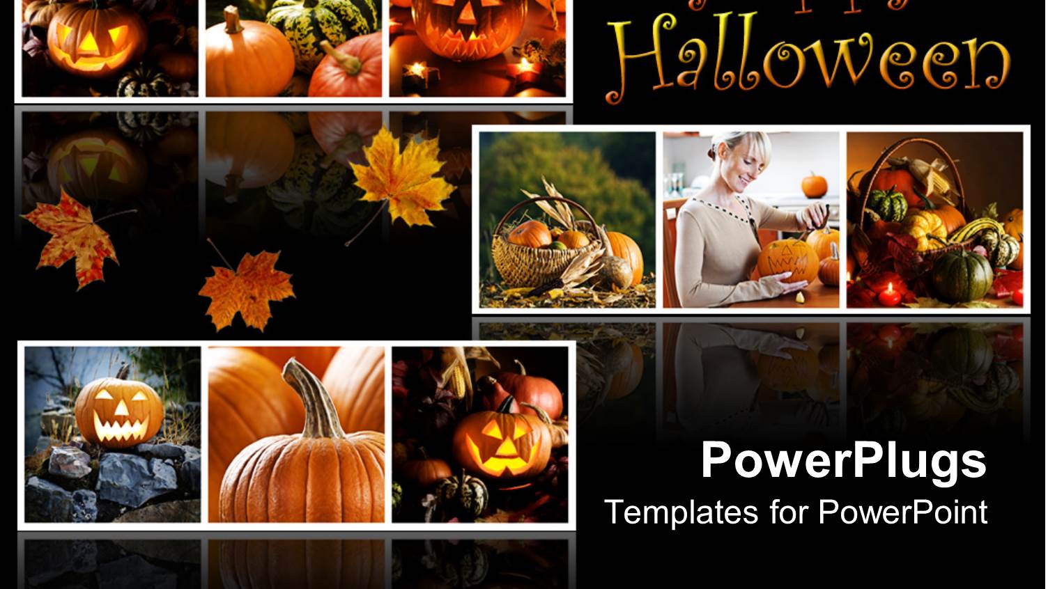 Happy Halloween Collage with Jack O Lantern, Pumpkins, Gourds, Fall Autumn Leaves