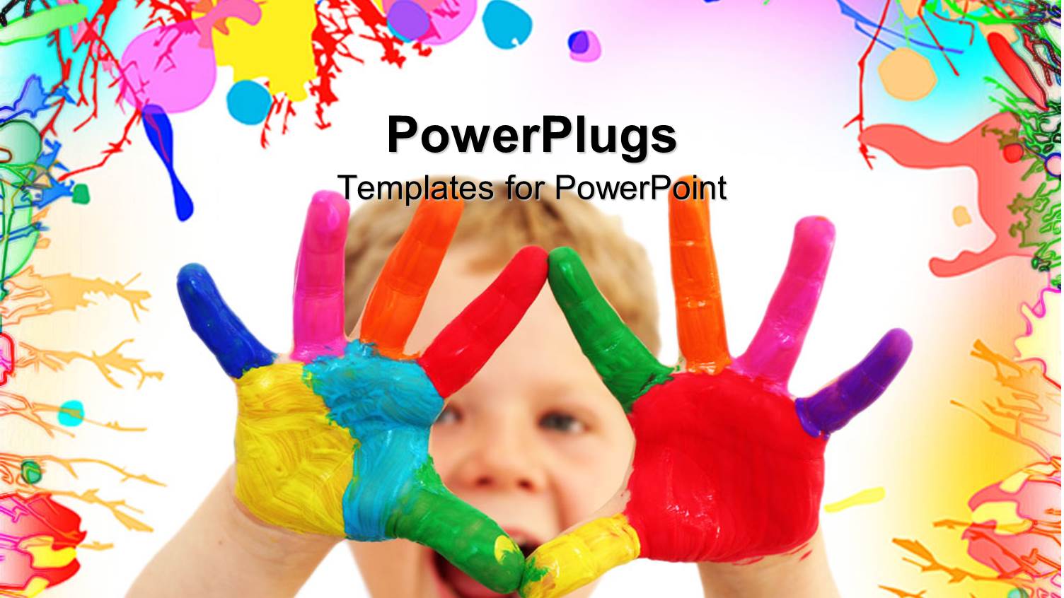 Happy Kid with Painted Hands, Close Up of Child Hands with Paint Rainbow Colors